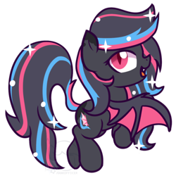 Size: 400x400 | Tagged: safe, artist:puetsua, imported from derpibooru, oc, oc only, oc:neon darksky, bat pony, pony, chibi, cute, flying, open mouth, simple background, smiling, sparkles, spread wings, transparent background