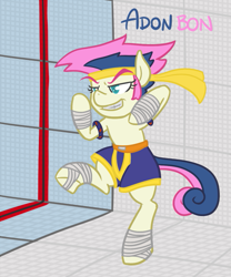 Size: 583x700 | Tagged: safe, artist:atlur, deleted from derpibooru, imported from derpibooru, bon bon, sweetie drops, pony, adon, bipedal, bonafied, bonpun, clothes, crossover, grin, headband, martial arts, muay thai, pants, solo, street fighter