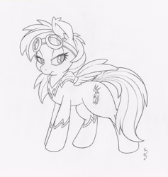 Size: 1424x1500 | Tagged: safe, artist:dfectivedvice, imported from derpibooru, rainbow dash, clothes, costume, female, grayscale, monochrome, shadowbolt dash, shadowbolts, shadowbolts costume, solo, traditional art