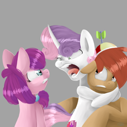 Size: 1000x1000 | Tagged: safe, artist:chibadeer, imported from derpibooru, button mash, lily longsocks, sweetie belle, crusaders of the lost mark, angry, cutie mark, descriptive noise, female, horse noises, jealous, lilymash, liquid button, love triangle, male, shipping, shipping war, straight, sweetiemash, the cmc's cutie marks, this will end in polygamy, this will end in tears, this will end in tears and/or death, trio, worried, yandere