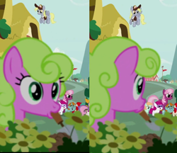 Size: 614x530 | Tagged: safe, imported from derpibooru, cheerilee, daisy, derpy hooves, flower wishes, little red, peach fuzz, snails, snips, sweetie belle, twist, pegasus, pony, crusaders of the lost mark, female, mare, mouth hold, trowel