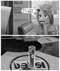 Size: 1056x1245 | Tagged: safe, artist:unsavorydom, imported from derpibooru, oc, oc only, oc:gloomy, back to the future, bebsi, clothes, comic, diner, grayscale, marty mcfly, mlpgdraws, monochrome, parody, pepsi, pepsi perfect, soda, solo, vest