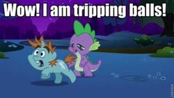 Size: 300x169 | Tagged: safe, imported from derpibooru, screencap, snips, spike, image macro, meme, picture for breezies, stoner spike, text