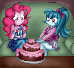 Size: 1024x948 | Tagged: safe, artist:queentigrel, imported from derpibooru, pinkie pie, sonata dusk, equestria girls, cake, candle, clothes, couch, duo, hair bow, see-through, sleeping pills