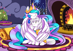 Size: 850x601 | Tagged: safe, artist:ende26, imported from derpibooru, princess celestia, oc, oc:silver sickle, armor, commission, commissioner:pony stark, eyes closed, fireplace, hug, royal guard, scar, silvestia, sitting, smiling, winghug