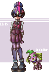 Size: 1316x1985 | Tagged: safe, artist:thegreatrouge, imported from derpibooru, sci-twi, spike, spike the regular dog, twilight sparkle, dog, robot, equestria girls, friendship games, clothes, crossover, crystal prep academy uniform, mega man (series), megaman, megaman zero, school uniform, style emulation