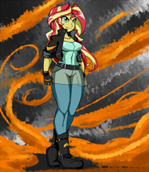 Size: 1040x1200 | Tagged: safe, artist:reiduran, imported from derpibooru, sunset shimmer, human, equestria girls, badass, badass shimmer, boots, clothes, cosplay, costume, female, fiery shimmer, fingerless gloves, gloves, jacket, king of fighters, kyo kusanagi, pants, pyromancy, smiling, solo