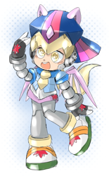 Size: 1316x2116 | Tagged: safe, artist:thegreatrouge, imported from derpibooru, derpy hooves, twilight sparkle, robot, scare master, alicorn costume, clothes, costume, crossover, fake horn, fake wings, female, humanized, mega man (series), megaman, megaman x, mighty no.9, nightmare night costume, solo, toilet paper roll, toilet paper roll horn, twilight muffins, twilight sparkle (alicorn), wig