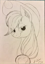 Size: 1632x2308 | Tagged: safe, artist:catiacaterina, imported from derpibooru, applejack, female, monochrome, portrait, sketch, smiling, solo, traditional art