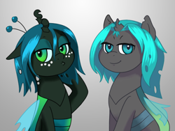 Size: 758x569 | Tagged: safe, artist:syggie, imported from derpibooru, queen chrysalis, oc, oc:sketchy, changeling, nymph, ask the changeling princess, cute, cutealis, female, filly, filly queen chrysalis, foal, gradient background, princess chrysalis, style emulation, younger