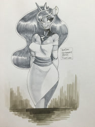 Size: 1280x1707 | Tagged: safe, artist:kevinsano, imported from derpibooru, princess luna, anthro, :p, bedroom eyes, breasts, busty princess luna, clothes, dress, female, hair over one eye, inktober, monochrome, smiling, solo, teasing, tongue out, traditional art