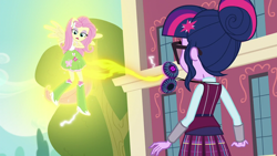 Size: 1280x720 | Tagged: safe, imported from derpibooru, screencap, fluttershy, sci-twi, twilight sparkle, equestria girls, friendship games, female, levitation, magic capture device, magic theft, ponied up