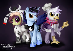 Size: 1024x717 | Tagged: safe, artist:teammagix, imported from derpibooru, princess luna, oc, oc only, oc:blueprint sparks, oc:sinister twist, oc:talon, cow, griffon, candy, chef, clothes, costume, cupcake, looking at you, nightmare night, nightmare night costume, raised hoof, signature
