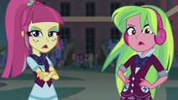 Size: 1280x720 | Tagged: safe, imported from derpibooru, screencap, applejack, fluttershy, lemon zest, pinkie pie, rainbow dash, rarity, sour sweet, sunset shimmer, equestria girls, friendship games, animation error, crossed arms, female, hand on waist, hands on waist, humane five, unleash the magic