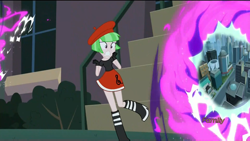 Size: 1366x768 | Tagged: safe, imported from derpibooru, screencap, drama letter, watermelody, equestria girls, friendship games, background human, boots, clothes, dimensional cracks, discovery family logo, female, manehattan, portal, shoes, skirt, solo