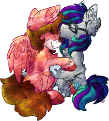 Size: 2400x2667 | Tagged: safe, artist:iroxykun, imported from derpibooru, oc, oc only, earth pony, pegasus, pony, bracelet, cute, female, forehead kiss, freckles, glasses, kissing, lesbian, wings