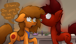 Size: 1280x748 | Tagged: safe, artist:marsminer, imported from derpibooru, oc, oc only, oc:mars miner, oc:venus spring, braces, dialogue, female, makeup, mare, marspring