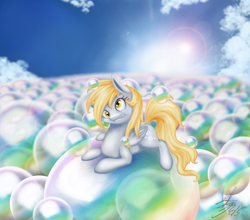 Size: 1024x902 | Tagged: safe, artist:eternalsubscriber, imported from derpibooru, derpy hooves, pegasus, pony, bubble, cute, derpabetes, female, lens flare, mare, sky, solo, that one nameless background pony we all know and love