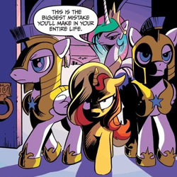Size: 466x466 | Tagged: safe, edit, editor:redweasel, idw, imported from derpibooru, princess celestia, sunset shimmer, pony, unicorn, spoiler:comic, 1000 hours in gimp, angry, comic, creepy, evil, royal guard
