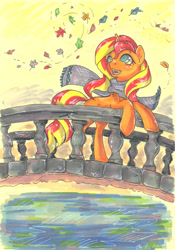 Size: 1280x1828 | Tagged: safe, artist:cloud-up, imported from derpibooru, sunset shimmer, pony, unicorn, autumn, autumn leaves, bridge, clothes, colored pupils, female, leaves, open mouth, scarf, smiling, solo, traditional art, water