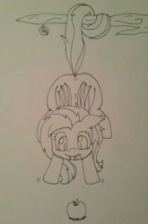 Size: 847x1280 | Tagged: safe, artist:notenoughapples, imported from derpibooru, fluttershy, bat pony, pony, apple, cute, female, flutterbat, monochrome, prehensile tail, reaching, solo, tongue out, traditional art