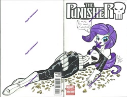 Size: 1205x925 | Tagged: safe, artist:ponygoddess, imported from derpibooru, rarity, equestria girls, bullet, comic cover, crossover, marvel, pouch, punisher, watermark