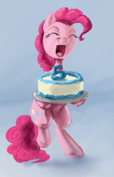 Size: 856x1332 | Tagged: safe, artist:silfoe, imported from derpibooru, pinkie pie, earth pony, pony, bipedal, cake, eyes closed, female, mlp fim's fifth anniversary, open mouth, solo