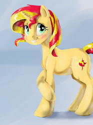 Size: 812x1092 | Tagged: safe, artist:silfoe, imported from derpibooru, sunset shimmer, pony, unicorn, equestria girls, blushing, crossed legs, female, grin, solo