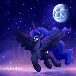 Size: 800x800 | Tagged: safe, artist:night-wolf122, imported from derpibooru, princess luna, female, flying, moon, night, ripple, solo, water