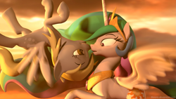 Size: 3795x2135 | Tagged: safe, artist:tbosiris, imported from derpibooru, derpy hooves, princess celestia, pegasus, pony, 3d, boop, derpylestia, female, flying, mare, nose wrinkle, noseboop, shipping, source filmmaker, upside down