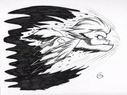 Size: 2150x1606 | Tagged: safe, artist:nekotigerfire, imported from derpibooru, rainbow dash, female, flying, inktober, monochrome, solo, sonic rainboom, traditional art