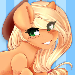 Size: 1500x1500 | Tagged: safe, artist:blowfishartist, imported from derpibooru, applejack, female, freckles, grin, solo