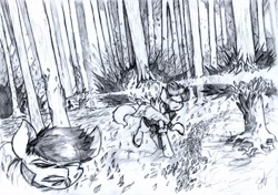 Size: 1170x824 | Tagged: safe, artist:brony-f, imported from derpibooru, forest, grayscale, monochrome, ponified, running, scene interpretation, sherlock holmes, sherlock holmes: a game of shadows, traditional art, tree