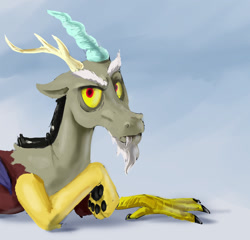 Size: 1048x1004 | Tagged: safe, artist:silfoe, imported from derpibooru, part of a set, discord, floppy ears, looking at you, prone