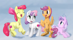 Size: 1676x916 | Tagged: safe, artist:silfoe, imported from derpibooru, part of a set, apple bloom, diamond tiara, scootaloo, sweetie belle, crusaders of the lost mark, adorabloom, backwards cutie mark, cute, cutealoo, cutie mark, cutie mark crusaders, diamondbetes, diasweetes, eyes closed, happy, prone, raised hoof, smiling, the cmc's cutie marks
