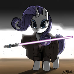 Size: 900x900 | Tagged: safe, artist:johnjoseco, imported from derpibooru, rarity, pony, unicorn, clothes, crossover, female, jedi, lightsaber, mare, solo, star wars