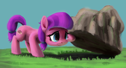 Size: 2817x1521 | Tagged: safe, artist:odooee, imported from derpibooru, lily longsocks, earth pony, pony, crusaders of the lost mark, rock, solo, super strength