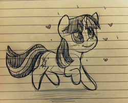 Size: 1189x956 | Tagged: safe, artist:estrill, imported from derpibooru, twilight sparkle, blushing, female, heart, lined paper, monochrome, sketch, smiling, solo, traditional art