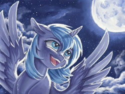 Size: 640x480 | Tagged: safe, artist:the-wizard-of-art, imported from derpibooru, princess luna, alicorn, pony, cloud, cloudy, female, flying, looking up, moon, night, pretty, s1 luna, sky, smiling, solo, spread wings, traditional art, watercolor painting, wings