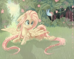 Size: 1024x819 | Tagged: safe, artist:pessadie, imported from derpibooru, fluttershy, butterfly, pegasus, pony, female, forest, grass, mare, prone, solo, spread wings