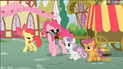 Size: 1904x1072 | Tagged: safe, imported from derpibooru, screencap, apple bloom, pinkie pie, scootaloo, sweetie belle, the one where pinkie pie knows, cart, cutie mark crusaders, disguise, groucho mask, harness