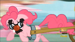 Size: 1914x1080 | Tagged: safe, imported from derpibooru, screencap, pinkie pie, the one where pinkie pie knows, cart, female, groucho mask, harness, solo