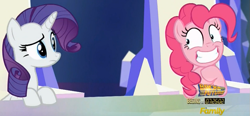 Size: 801x371 | Tagged: safe, imported from derpibooru, screencap, pinkie pie, rarity, pony, the one where pinkie pie knows, grin, rapeface