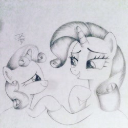 Size: 1024x1024 | Tagged: safe, artist:theasce, imported from derpibooru, rarity, sweetie belle, crusaders of the lost mark, holding hooves, monochrome, sisters, tears of joy, traditional art