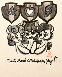 Size: 1024x1280 | Tagged: safe, artist:leafbunny, imported from derpibooru, apple bloom, scootaloo, sweetie belle, crusaders of the lost mark, cutie mark, cutie mark crusaders, the cmc's cutie marks, traditional art