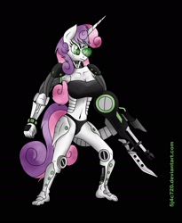 Size: 1736x2120 | Tagged: safe, artist:goldwing93, imported from derpibooru, sweetie belle, anthro, plantigrade anthro, robot, armpits, badass, sweetie bot, weapon