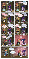 Size: 896x1824 | Tagged: safe, artist:crydius, imported from derpibooru, rainbow dash, sci-twi, sunset shimmer, twilight sparkle, equestria girls, friendship games, blushing, comic, female, gravity falls, journal #2, lesbian, library, math, misspelling, nerd love, scitwishimmer, shipping, sunsetsparkle, xk-class end-of-the-world scenario