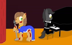 Size: 1280x806 | Tagged: safe, artist:minty candy, imported from derpibooru, oc, oc only, oc:vera lynn, earth pony, ghoul, pegasus, pony, fallout equestria, fallout equestria: empty quiver, clothes, dress, microphone, musical instrument, piano, singing, story