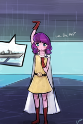 Size: 500x750 | Tagged: safe, artist:lumineko, imported from derpibooru, lily longsocks, equestria girls, blushing, clothes, cosplay, costume, cute, equestria girls-ified, female, hilarious in hindsight, lifting, looking at you, one punch man, ship, solo, super strength