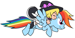 Size: 800x404 | Tagged: safe, artist:saijeehiguchi, imported from derpibooru, rainbow dash, crossover, flying, humans riding ponies, kirisame marisa, riding, touhou